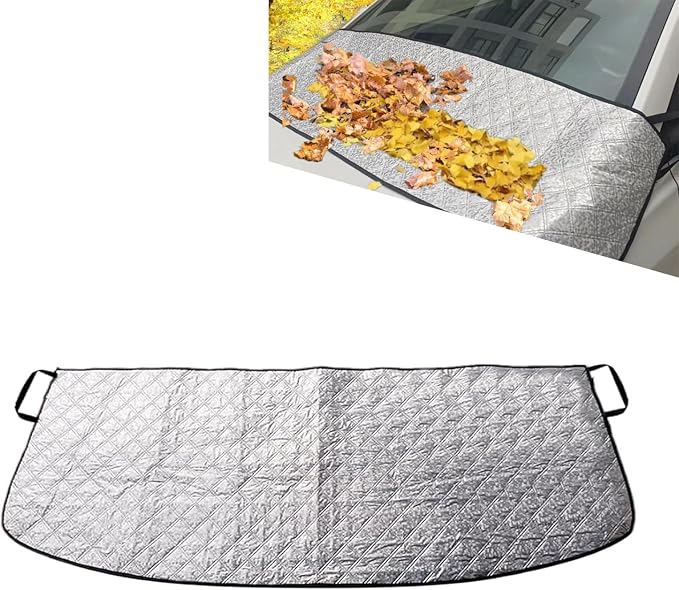 Car Windshield Rain Trough Cover, Foldable Leaf and Snow Proof Shield, Wiper Adsorption Protective Shade with Windproof Fixed Strap, Universal Frost Sunlight Defense for All Season (Silver)