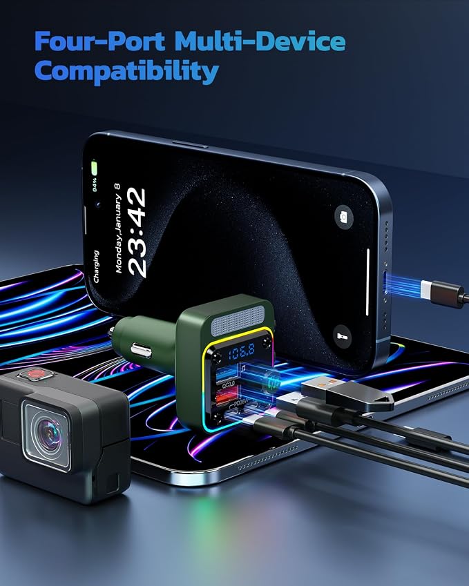 54W Bluetooth 5.3 Car Adapter with 4 Charging Ports [PD 36W & QC3.0 18W], Wireless Radio FM Transmitter with Deep Bass Player & 5 Colors LED Backlit, Hands-Free Calling - Green