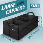 Extra Large Trunk Organizer 98L Collapsible Car Storage Trunk Organizer with Removable Dividers & Adjustable Securing Straps for Car SUV Van