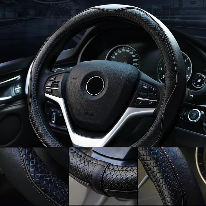 Steering Wheel Covers Universal 15.75 inch - Genuine Leather, Breathable, Anti Slip & Odor Free (Black with Black Lines, L(15" 1/2-16"))