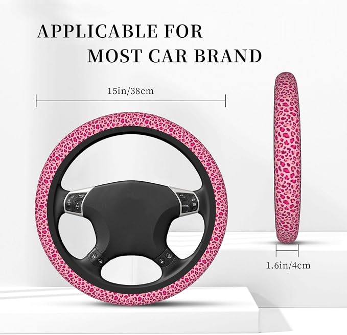 Pink Leopard Print Steering Wheel Cover for Women, Universal 15 Inch Fit, Thickened Neoprene Non-Slip Car Wheel Protector, Stylish Car Interior Accessories for Auto SUV Truck, Breathable & Durable