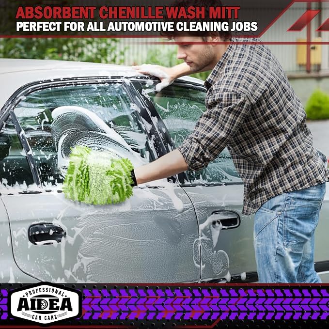 AIDEA Car Wash Mitt Microfiber, 2PK, Car Wash Brush, Green, 8' X12'' | Scratch Free Lint Free, Premium Chenille Microfiber Wash Mitt, Cleaning Supplies, Extra Large Size
