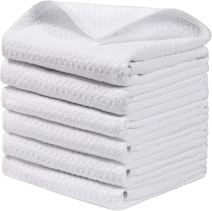Large Microfiber Waffle Weave Cleaning Cloth,Highly Absorbent Kitchen Towels,Quick Drying Lint Free Dish Towels for Kitchen,6 Pack,White,15.7×15.7 inch