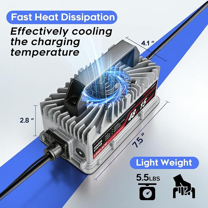 48V 15 AMP Golf Cart Charger for Club Car Precedent & DS Series with 3-Pin Round Plug- Lead Acid Battery