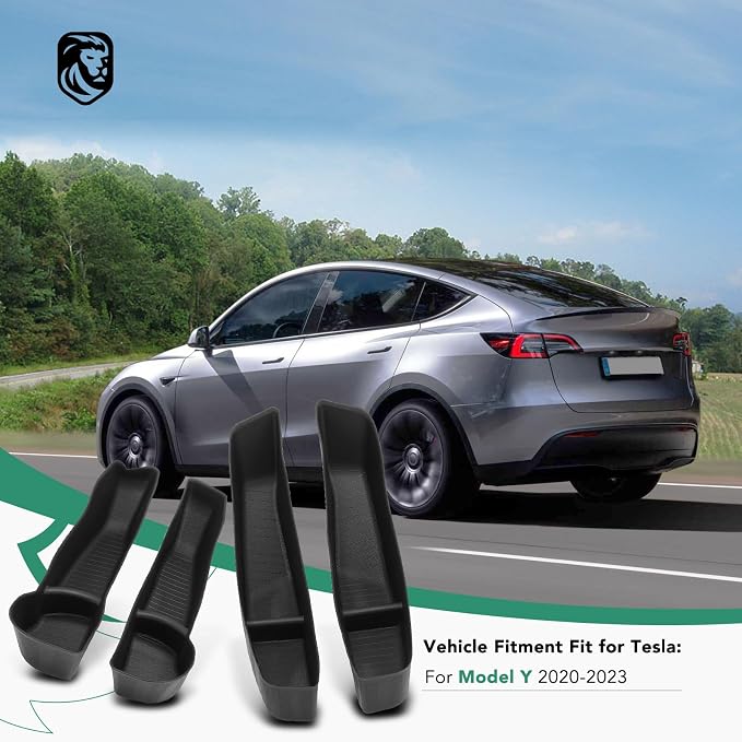 4 Pcs Door Side Storage Box Fit for Tesla Model Y 2020 2021 2022 2023, TPE Car Door Organizer Tray Handle Protector Anti-slip for Front Rear - Black