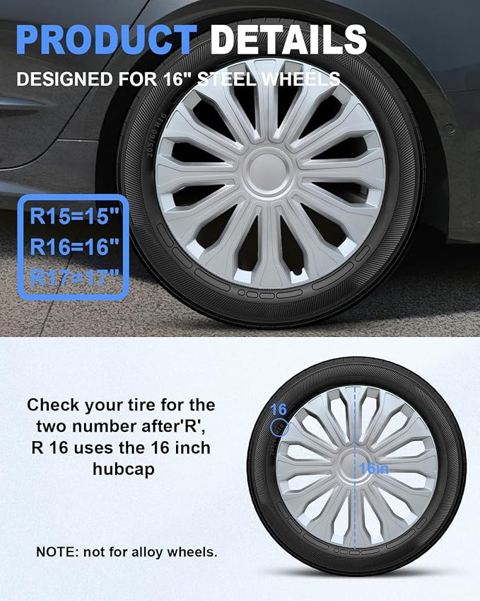 Hubcaps,16 inch hubcaps Set of 4, Wheel Rim Cover ABS Material, Snap On Car Truck SUV Replacement, for Toyota Camry Nissan Mazda etc, Silver