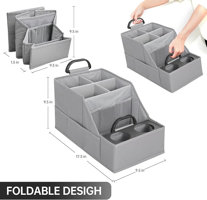 Car Seat Organizer- Backseat Car Organizer with 12 Storages Compartments and 2 Cup Holders, Organizers and Storage, Front Seat for Travel Kids,Pure Gray