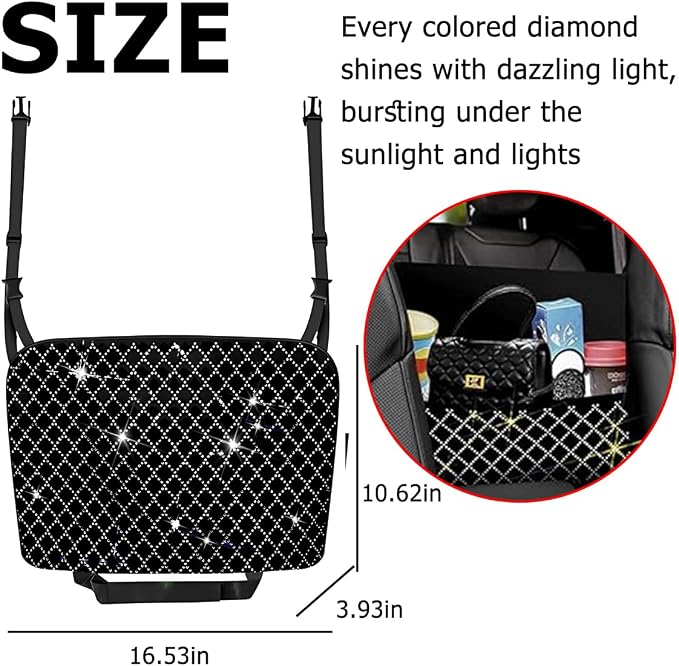 Bling Car Net Pocket Handbag Holder, Rhinestone Vehicle Backseat Purse Organizer Between Seats, Diamond Hanging Storage Bag Barrier of Pet Kids, Universal Automotive Accessories (White)