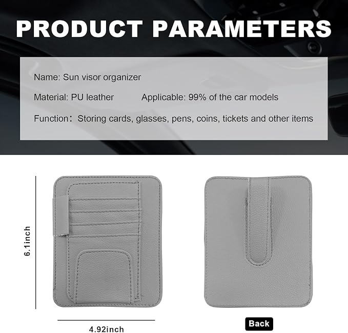 Small Leather Car Sun Visor Organizer, Multifunctional Auto Visor Document Holder with Sunglasses Clip, Universal Car Interior Organizer for Drving License, Card, Pen (Gray)