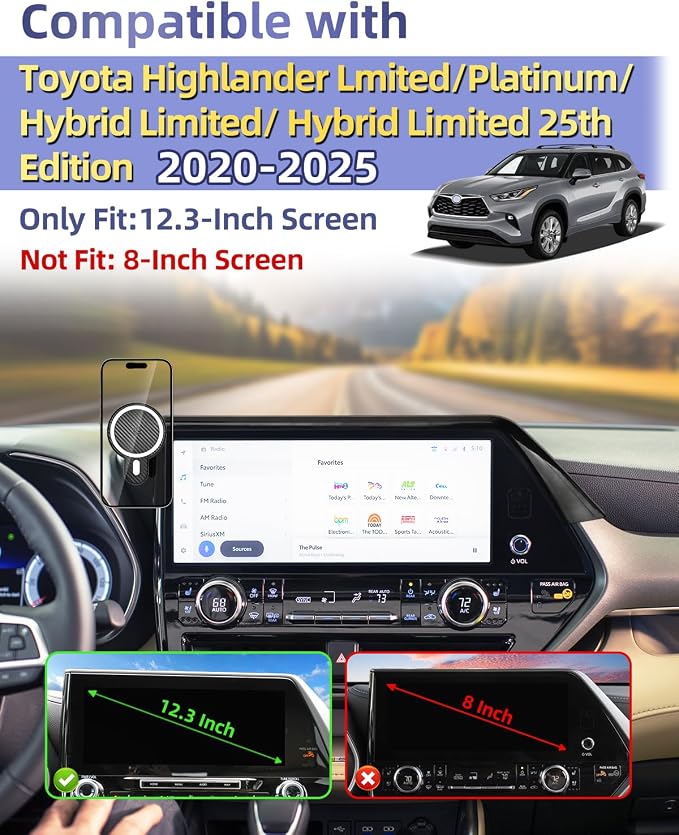 PZK Car Phone Holder for 2020-2026 Toyota Highlander 12.3-inch Screen Only | Magnetic 15W Fast Wireless Charger Phone Mount for Highlander Lmited/Platinum Accessories 360° Adjust (Not Fit 8-Inch)