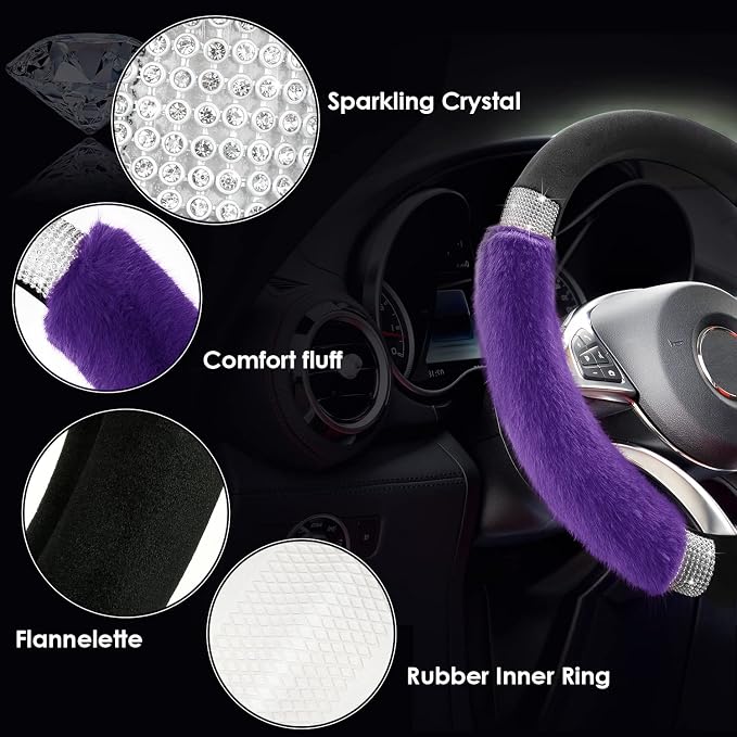 Rhinestone Fluffy Steering Wheel Cover - Comfortable Non-Slip Luxury Faux Wool, Universal Fit for 14.5" to 15" Steering Wheels