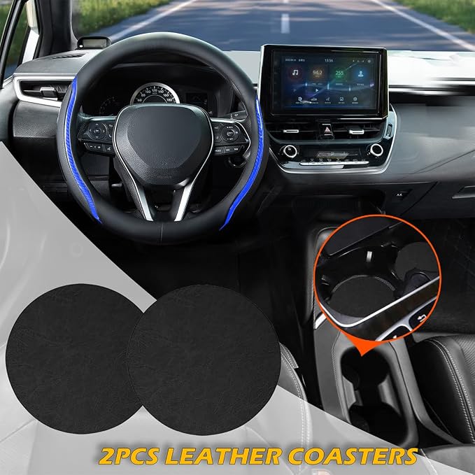 Steering Wheel Cover Blue and Black Leather Universal 14.5-15 inch | Carbon Fiber Car Steering Wheel Covers with Coasters Microfiber Breathable Anti-Slip Steering Wheel Accessories Set