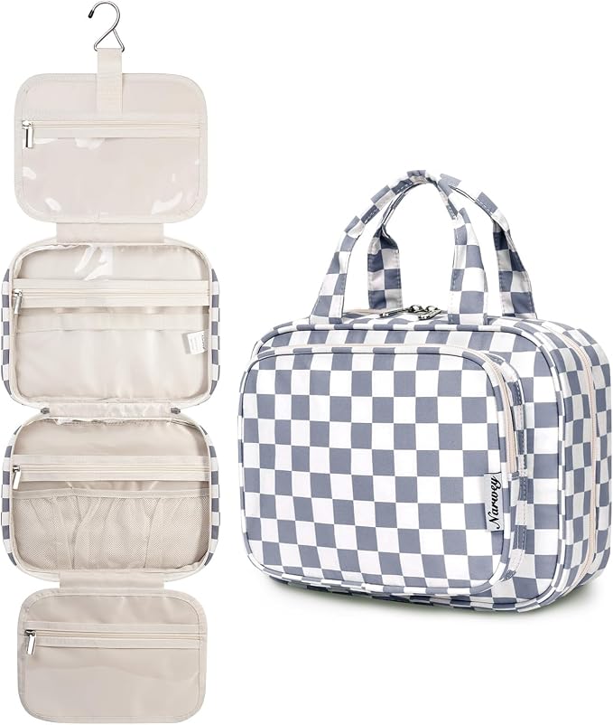 Hanging Toiletry Bag for Women Travel Makeup Bag Organizer Toiletries Bag for Travel Size Essentials Accessories Cosmetics (Grayish Blue Checkerboard (Medium))