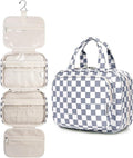 Hanging Toiletry Bag for Women Travel Makeup Bag Organizer Toiletries Bag for Travel Size Essentials Accessories Cosmetics (Grayish Blue Checkerboard (Medium))