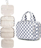 Hanging Toiletry Bag for Women Travel Makeup Bag Organizer Toiletries Bag for Travel Size Essentials Accessories Cosmetics (Grayish Blue Checkerboard (Medium))