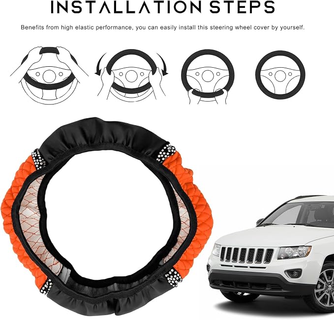 Bling Car Steering Wheel Cover, 15 Inch Sparkly Rhinestone Soft Leather Steering Wheel Protector, Non-Slip Universal Auto Elastic Steering Wheel Covers for Women Girls (Orange)