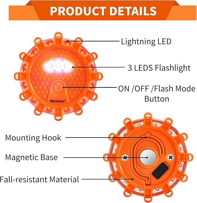 Led Road Flares LED Flares Emergency Kit Recharge LED Flares Warning Light with Magnetic Roadside Safety Disc Flares Kit with Breaker Whistle for Vehicle