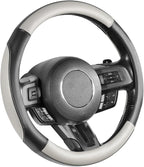 Car Steering Wheel Cover for Medium Standard Size Steering Wheels with 14 1/2-15 inches Outer Diameter, Black and Gray Microfiber Leather