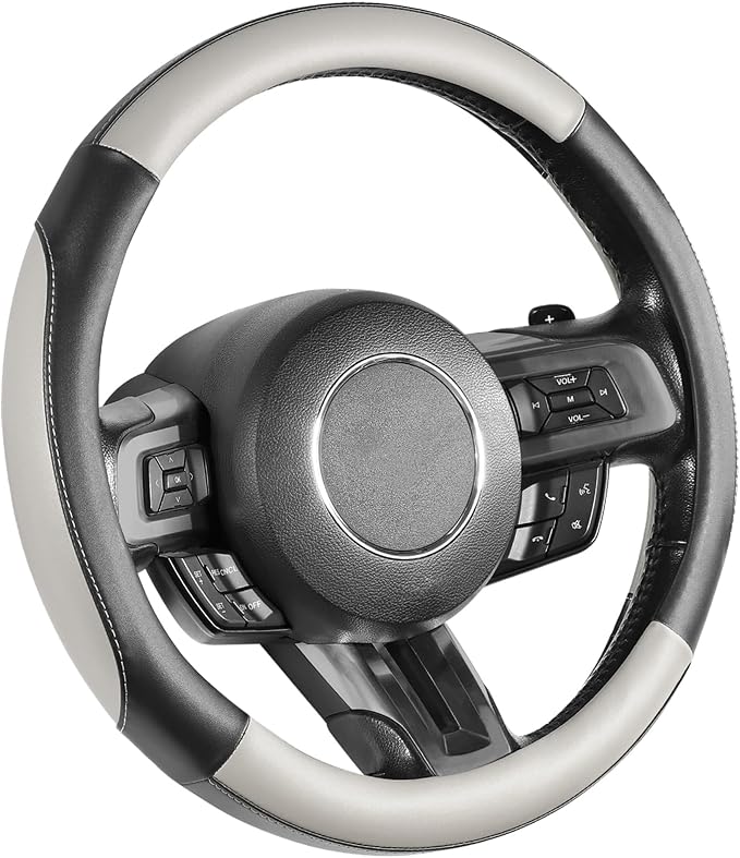Car Steering Wheel Cover for Medium Standard Size Steering Wheels with 14 1/2-15 inches Outer Diameter, Black and Gray Microfiber Leather