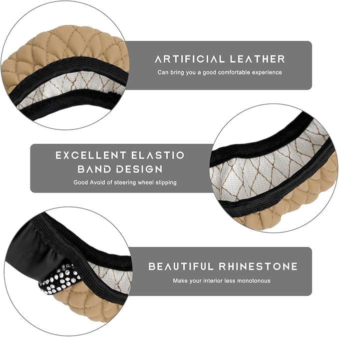 Bling Car Steering Wheel Cover, 15 Inch Sparkly Rhinestone Soft Leather Steering Wheel Protector, Non-Slip Universal Auto Elastic Steering Wheel Covers for Women Girls (Beige)