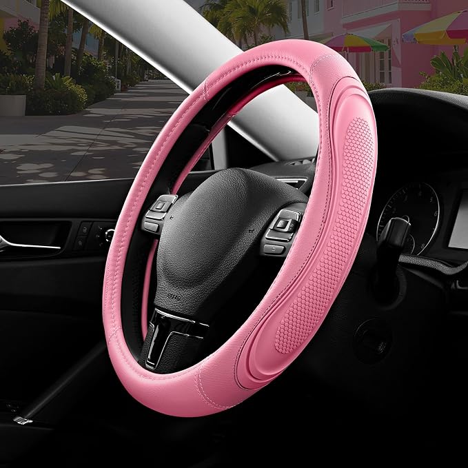 Car Steering Wheel Cover - Microfiber Leather Steering Wheel Wrap Sports 14.5-15 Inch Steering Wheel Cover Non-Slip for Men Women Pink & Pink Color