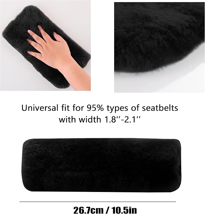 Authentic Sheepskin Seatbelt Cover Real Wool Car Truck SUV Airplane Seat Belt Shoulder Pad for Carmera Backpack Straps Neck Cushion Protector 2 Pack Black