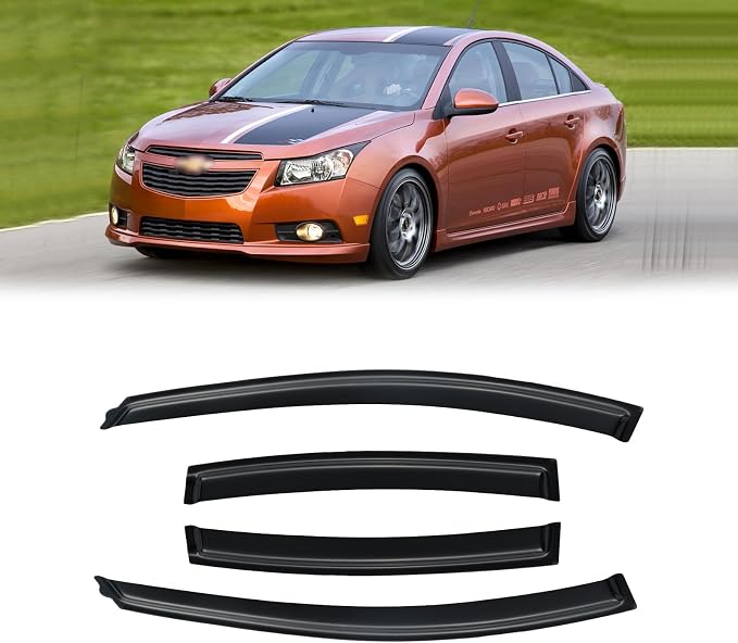 Window Visor for 2011-2015 Chevy Cruze, Out-Channel Rain Guards Shields Vent Deflector Shade Wind Dark Smoke for 2016 Chevrolet Cruze Limited, Tape-On Outside-Mount, 4PCS
