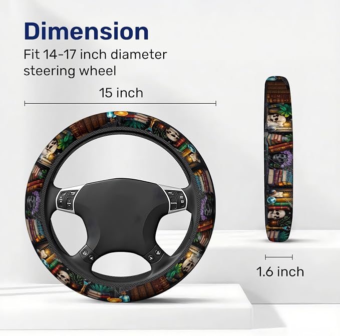Dark Academia Books Steering Wheel Cover, Polyester Non-Slip Car Wheel Grip, Universal 15 Inch Auto Accessory