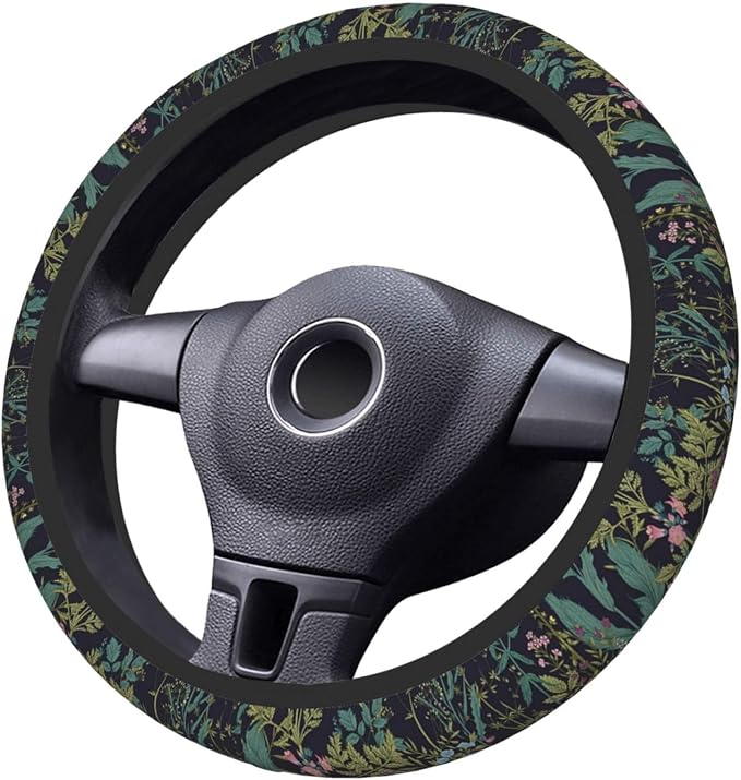 Vintage Daisy Leaves Flowers Steering Wheel Cover for Women, Anti-Slip Elastic Breathable Soft Rubber Car Steering Wheel Protective Cover, Universal 15 Inch Fit for Cars, Auto, SUVs