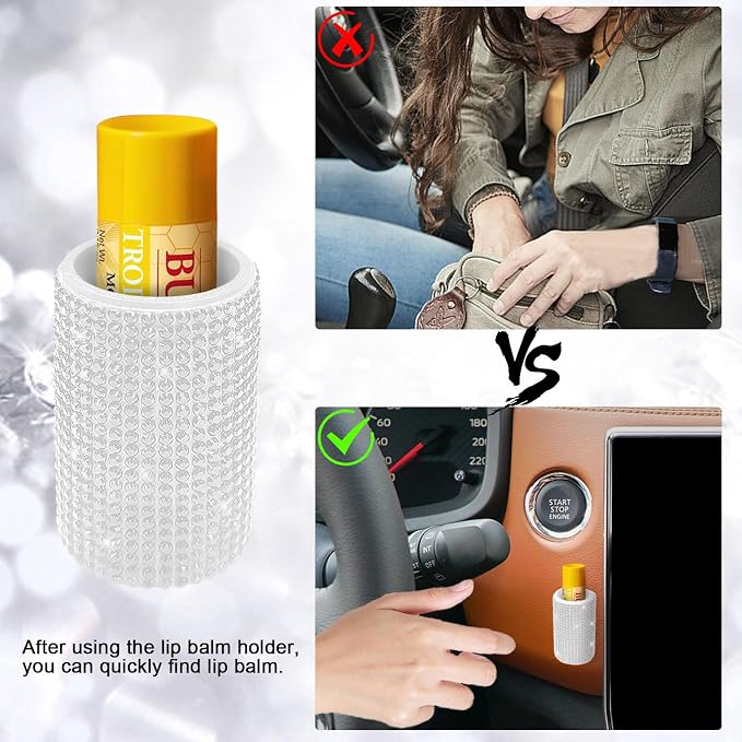 Upright Car Chapstick Holder, Bling Insulating Lip Balm Holder,Rhinestone Car Accessories for Women Interior,Suitable for Most Vehicles. (White)