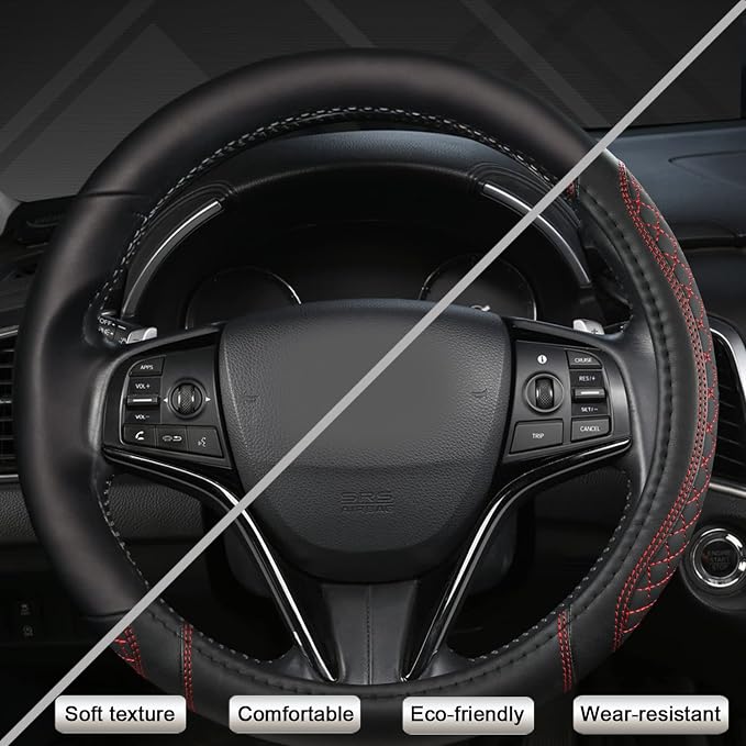 Customized Auto Car Steering Wheel Cover for Honda Accord CR-V HR-V Pilot Civic(Diamond Quilted -Black+Red-Standard Size)