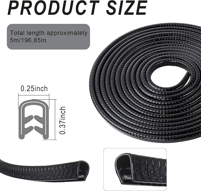 Car Door Edge Guards 5M(16.4Ft), U Shape Rubber Door Edge Protector Trim with Built-in Metal Clips, No Adhesive Needed, Easy to Cut, Universal Fit for Most Cars Trucks SUVs (Black)