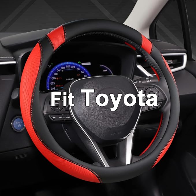 Customized Auto Car Steering Wheel Cover for Toyota Tacoma,4Runner,Tundra,Sequoia,15.5-16 inch (Black+Red-Large Size)