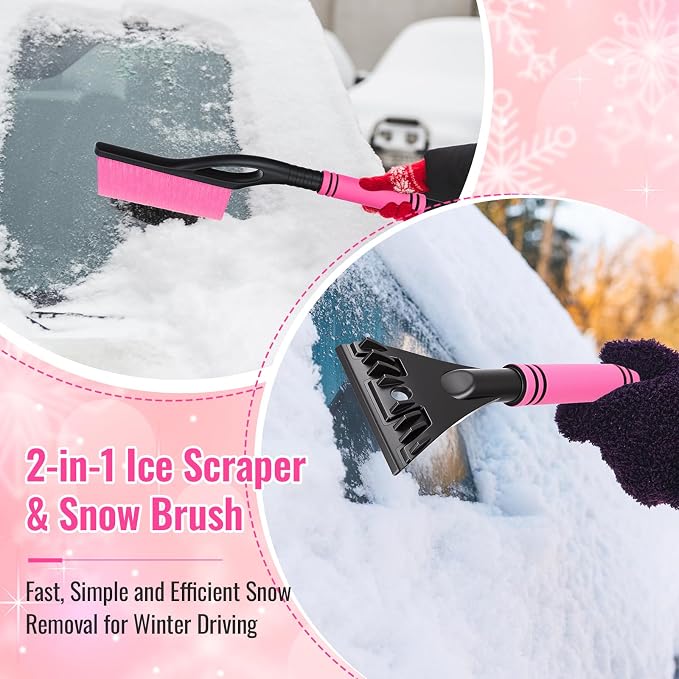 24'' Snow Brush and Ice Scraper for Car Windshield, 2 in 1 Detachable Snow Scraper with Soft Grip Handle and Additional Handhold, Multi-Functional Removal Tool for Car, Truck, SUV(Pink)