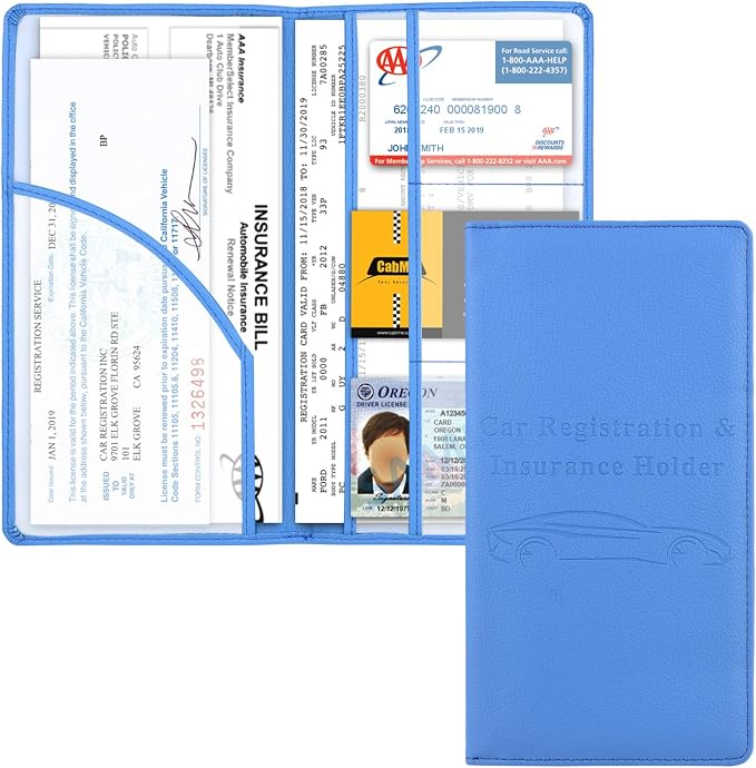 Car Registration and Insurance Holder, Vehicle Glove Box Car Organizer Men Women Wallet Accessories Case with Magnetic Shut for Cards, Essential Document, Driver License, Blue
