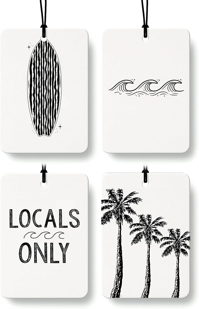 Black Coastal Summer Car Air Freshener 4 Pcs Coconut Scented, Ocean Surfboard Palm Tree Beach Car Accessories Mirror Decor for Women, Beachy Hanging Air Freshener for Cars Closet Drawer Books