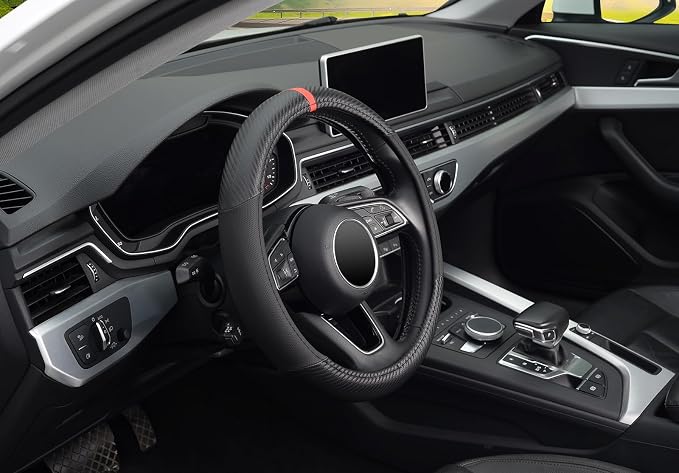 Carbon Fiber Steering Wheel Cover for Men, Universal 15 inch Leather Car Steering Wheel Cover, Anti-Slip & Breathable, Microfiber Leather Automotive Accessories, Sporty Design, Black