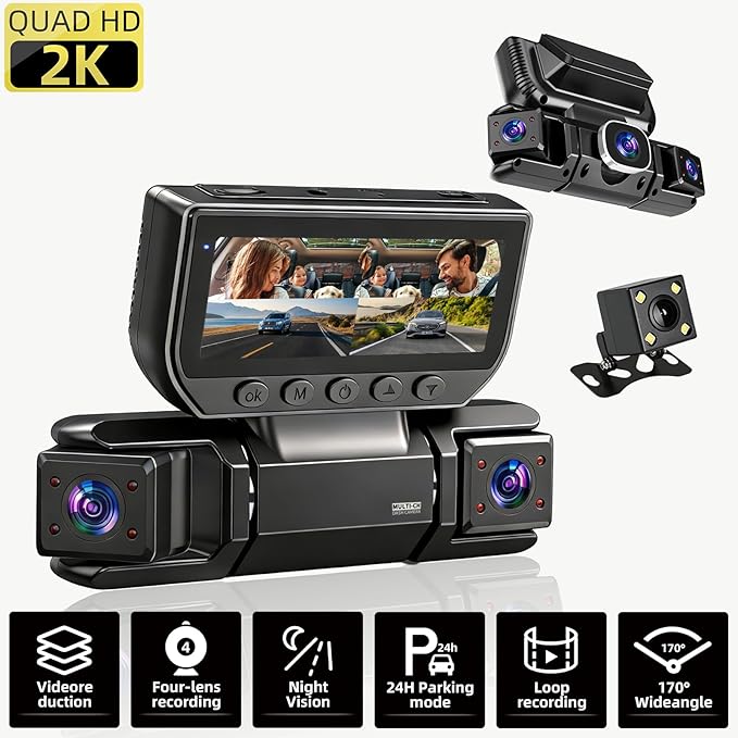 W6 Dash Cam 4 Channel Dash Cam 2K Front + 1080P Rear & Side 360° Coverage 8 IR Night Vision 5GHz WiFi & App G-Sensor Parking Monitor 64GB SD Card Included