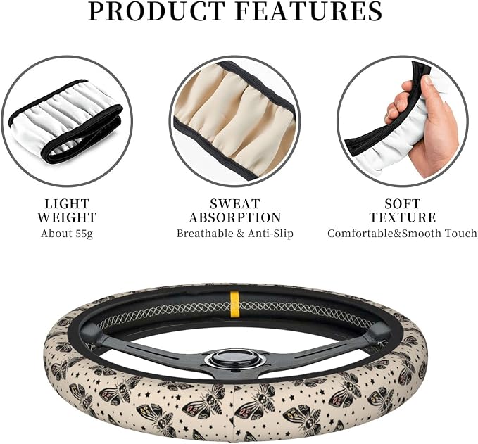 Gothic Moth Steering Wheel Cover Non-Slip Auto Steering Wheel Protector Car Accessories Universal Fit 15 Inches for Men Women