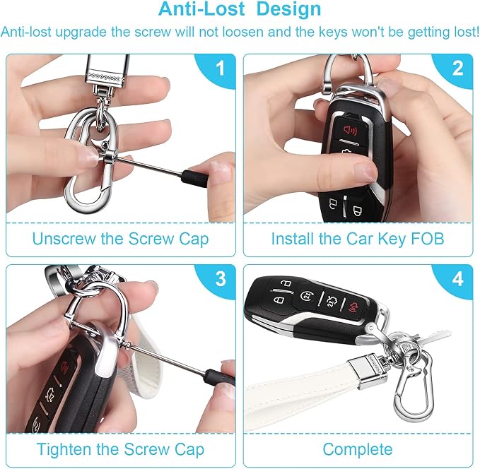 Genuine Leather Car Keychain,Universal Heavy Duty Metal Key Chain Accessories,Car Fob Key Keychain Holder with 360 Degree Rotatable Snap Swivel and Anti-Lost D-Ring for Men Women(White)