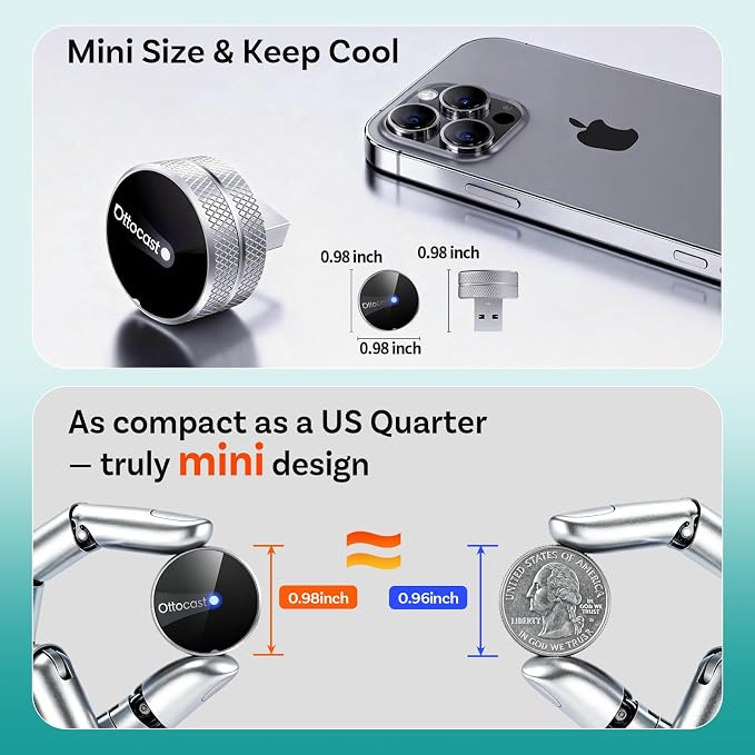 OTTOCAST Mini Tube 2026 Wireless CarPlay & Android Auto Adapter, 5GHz WiFi Auto Connect, Plug & Play for iPhone & Android, Stable Performance, Premium Aluminum Design