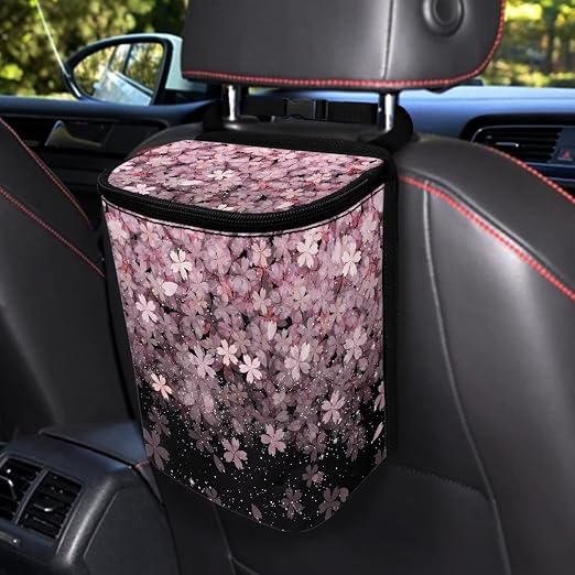 Cherry Blossom Print Car Trash Can with Lid, Leak Proof Auto Trash Bag Hanging Vehicle Garbage Can Multipurpose Storage Container for Back Seat Road Trip