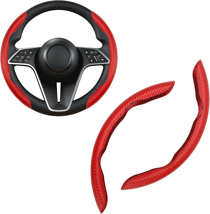 2Pc Carbon Fiber Steering Wheel Cover Universal Fit 99% Cars | Non-slip soft grip, easy to wipe clean, quick to install, perfect for daily commutes and road trips, Red