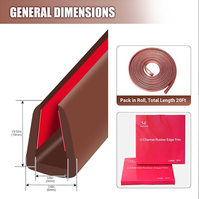Rubber Edge Trim, Flexible Edge Trim for Sharp Edge, 1/8" U Channel Edge Protector, Self Adhesive Edge Guards for Plywood and Glass Parts, 20Ft, Brown Color