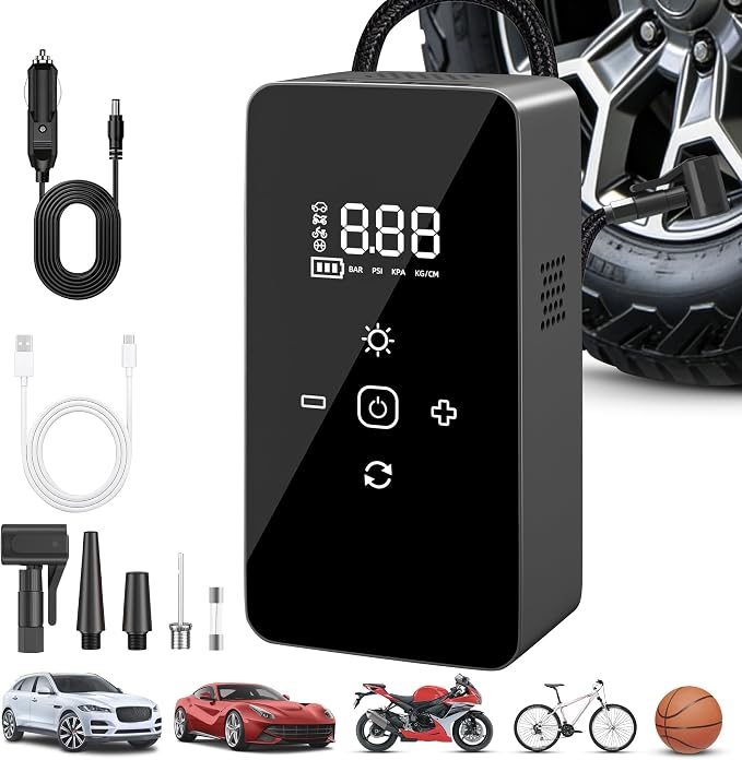 Portable Air Compressor Tire Inflator with Digital Pressure Gauge, LED Lights & Auto Shut-Off Function, Cordless Tire Air Pump with 12V DC Car Plug for Car, Motorcycle, Bicycle, Ball