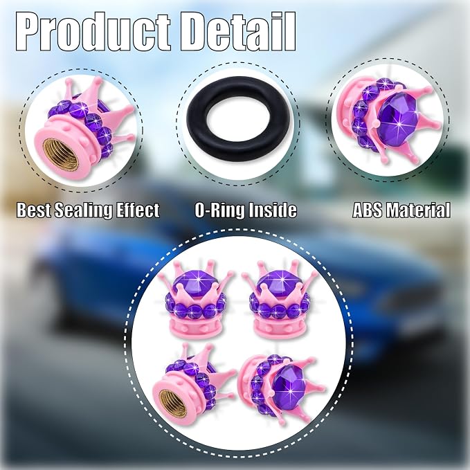 4PCS Crown Bling Tire Stem Valve Caps, Crystal Diamond Car Wheel Tire Valve Caps Universal Copper Core Stem Covers for Cars, SUV, Trucks, Bikes, Motorcycles, Bicycles (Pink & Purple)