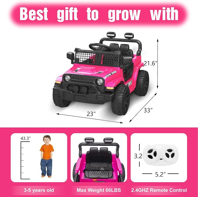12V Ride on Car with Parent Remote Control, Toddler Electric Car with Spring Suspension, LED Lights & Music Player - Safe Battery Toy for Kids, Christmas & Birthday Gift, Pinkish
