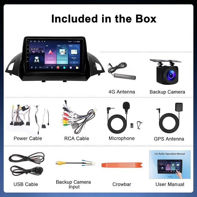 8Core 4G+64G Car Radio for Ford Escape 2013-2019: Upgrade Android 15 9" 1280 * 720P Touchscreen Stereo Head Unit CarPlay Android Auto, BT, WiFi 6, GPS, AM, FM, RDS, 36EQ, SWC, 1080P Backup Camera