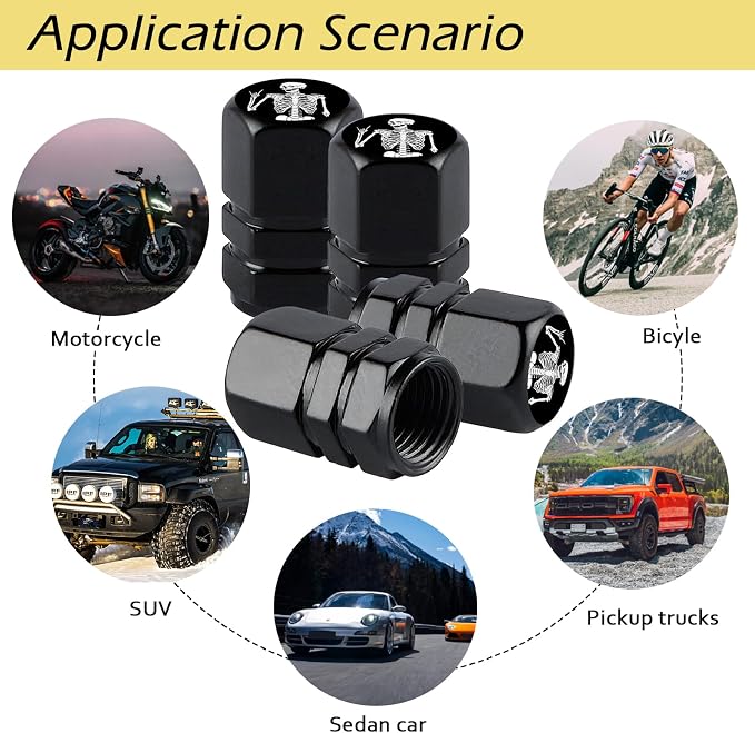 4Pack Skeleton Tire Valve Caps Universal Tire Air Cap Valves Stem Covers | Aluminum Alloy Rust-Proof Valve Stem Caps, for Auto SUV Truck Motorcycle Bicycle, Terror Skull Gifts for Women Men Drivers