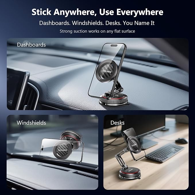 for MagSafe Car Mount [3-Axis] Nano Adhesive Gel + Strong Suction Cup Magnetic Phone Holder for Dashboard & Windshield, 360° Adjustable for iPhone 17 16 15 14 13 12, Samsung, Carbon Fiber
